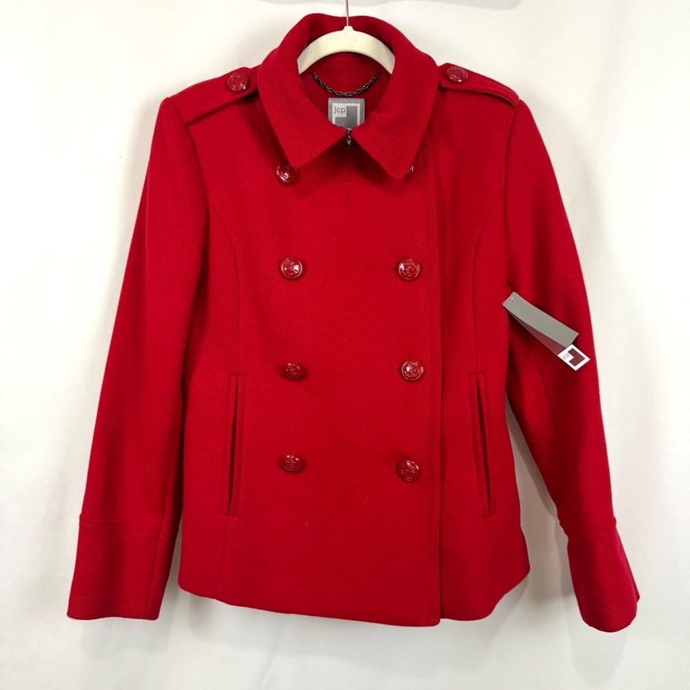 NWT JCPenny JCP Women’s M Red Wool Blend Pea Coat Double Breasted Lined Classic